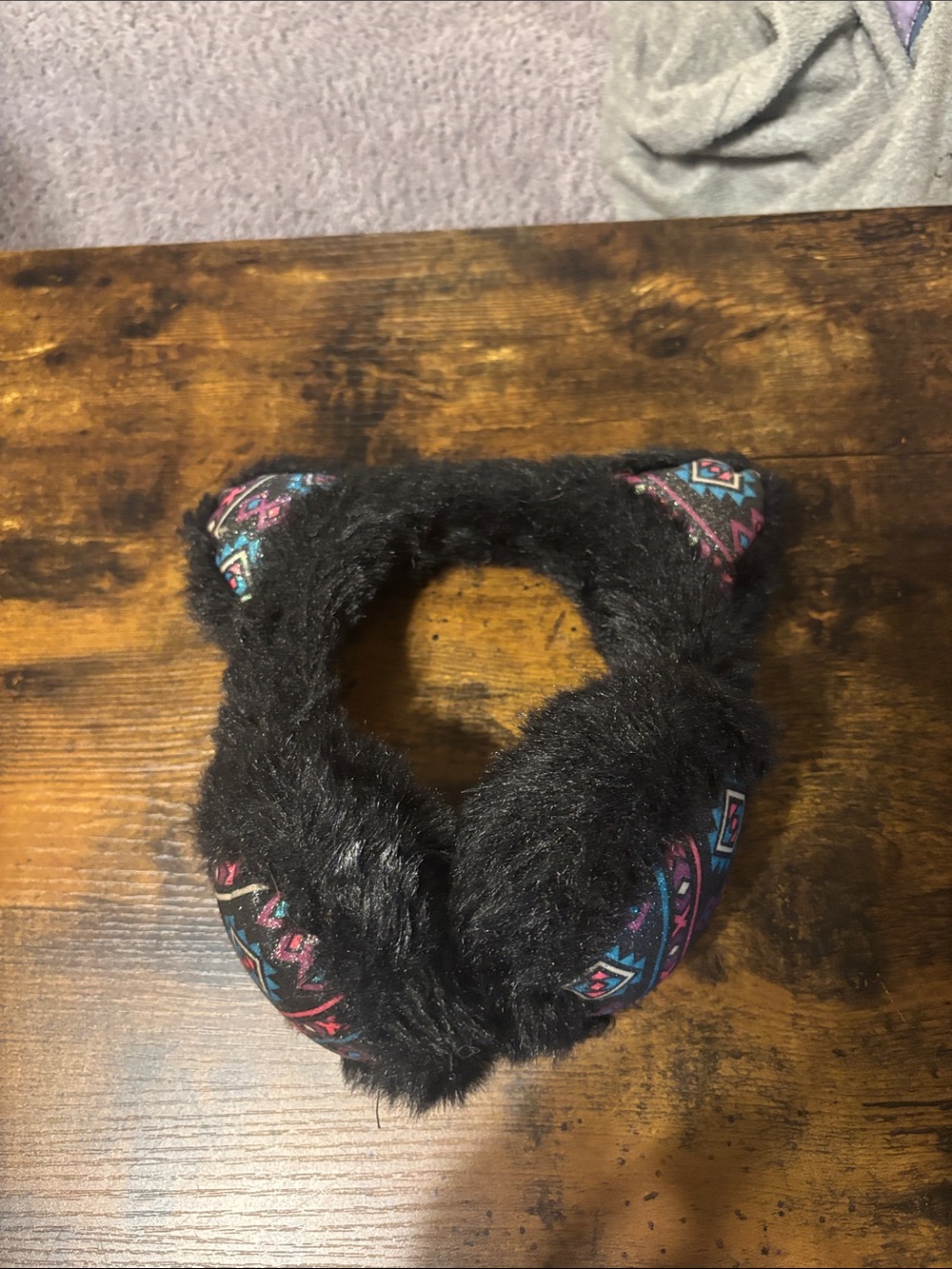 Justice Black Faux Fur Cat Ear Headband with Multicolor Aztec Trim